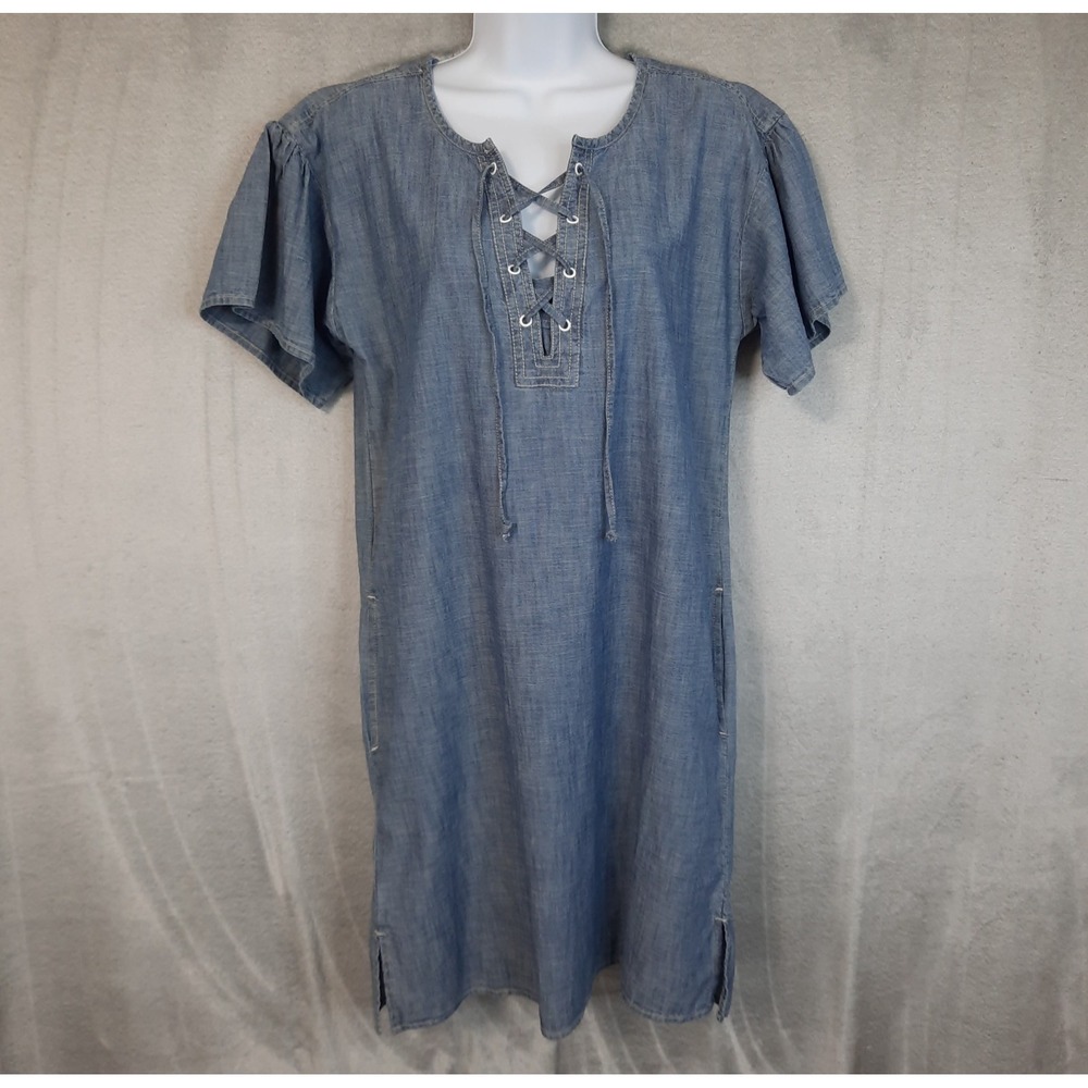 NEW Gap‎ Chambray Dress Lace Up Bodice Womens XS Pockets Coastal Beachy Boho NWT